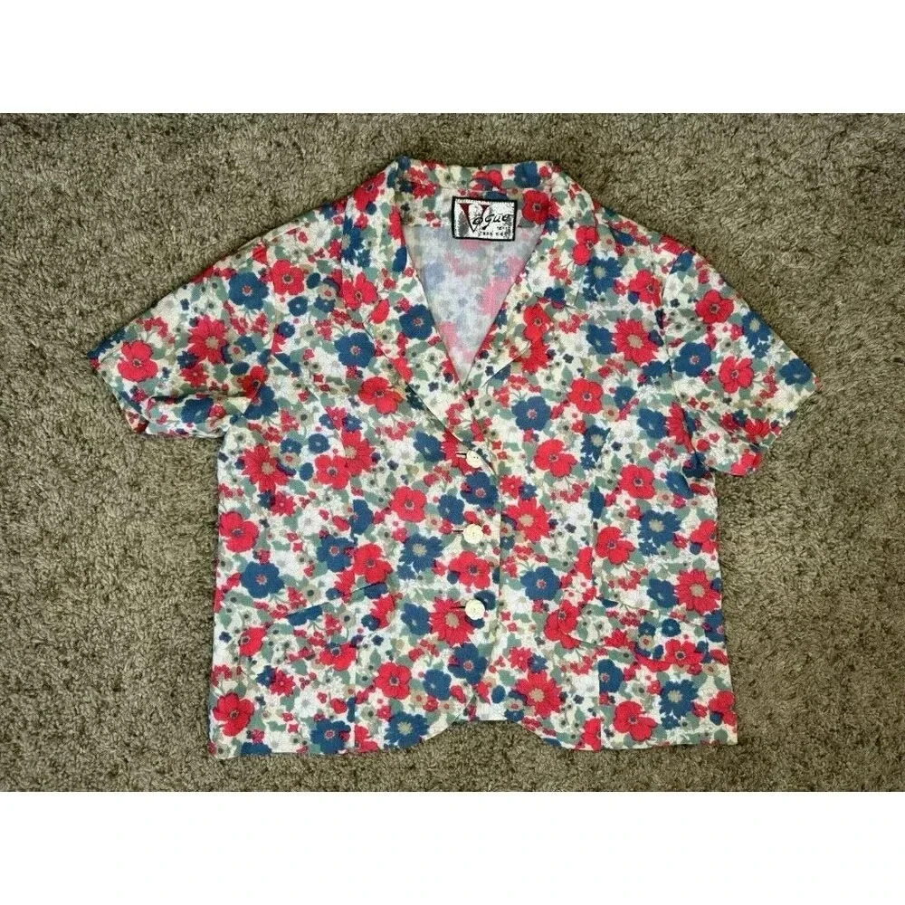 Vintage VOGUE Red Blue Floral Button Front Crop Blouse Top Small Retro Cottageco